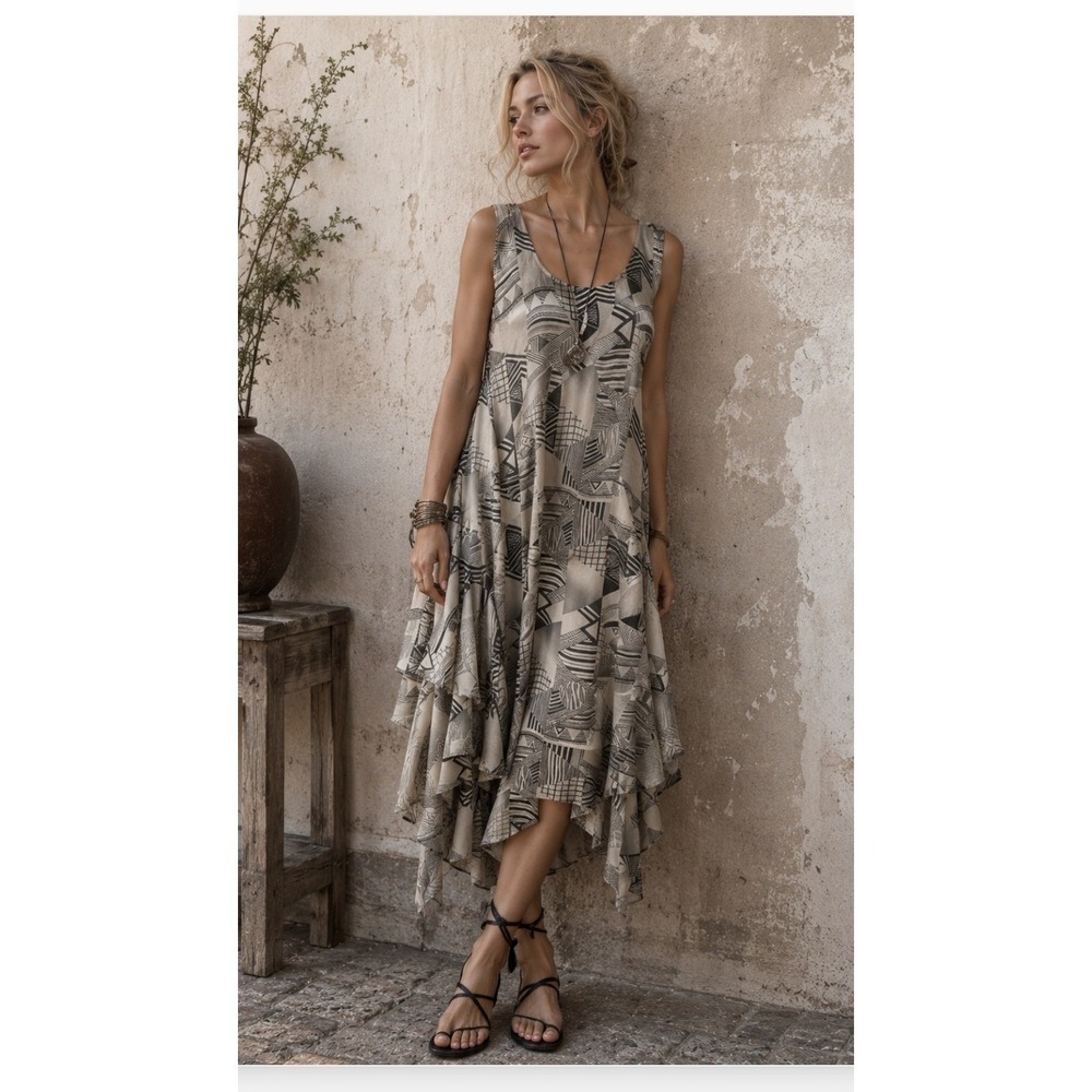 Best Behavior 100% Silk Lagenlook Abstract Tunic Dress S Artsy Avant‎ Garde Boho